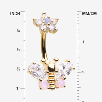Detail View 1 of Golden Spring Essence Butterfly Flower Sparkle Belly Button Ring-Clear Gem/Rose Quartz